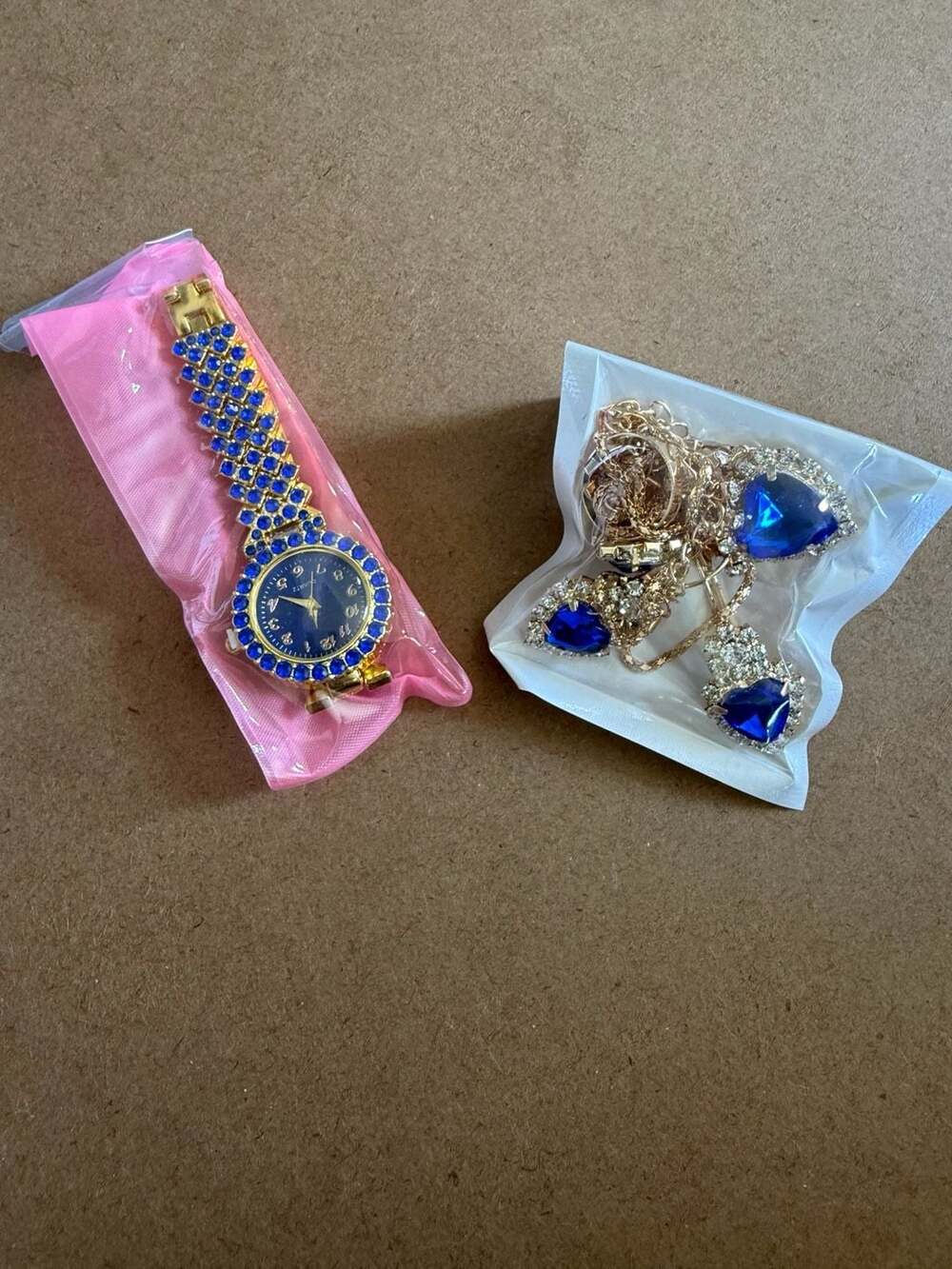 Women's Gold Tone Blue Rhinestone Quartz Watch and Heart Pendant Jewelry Set